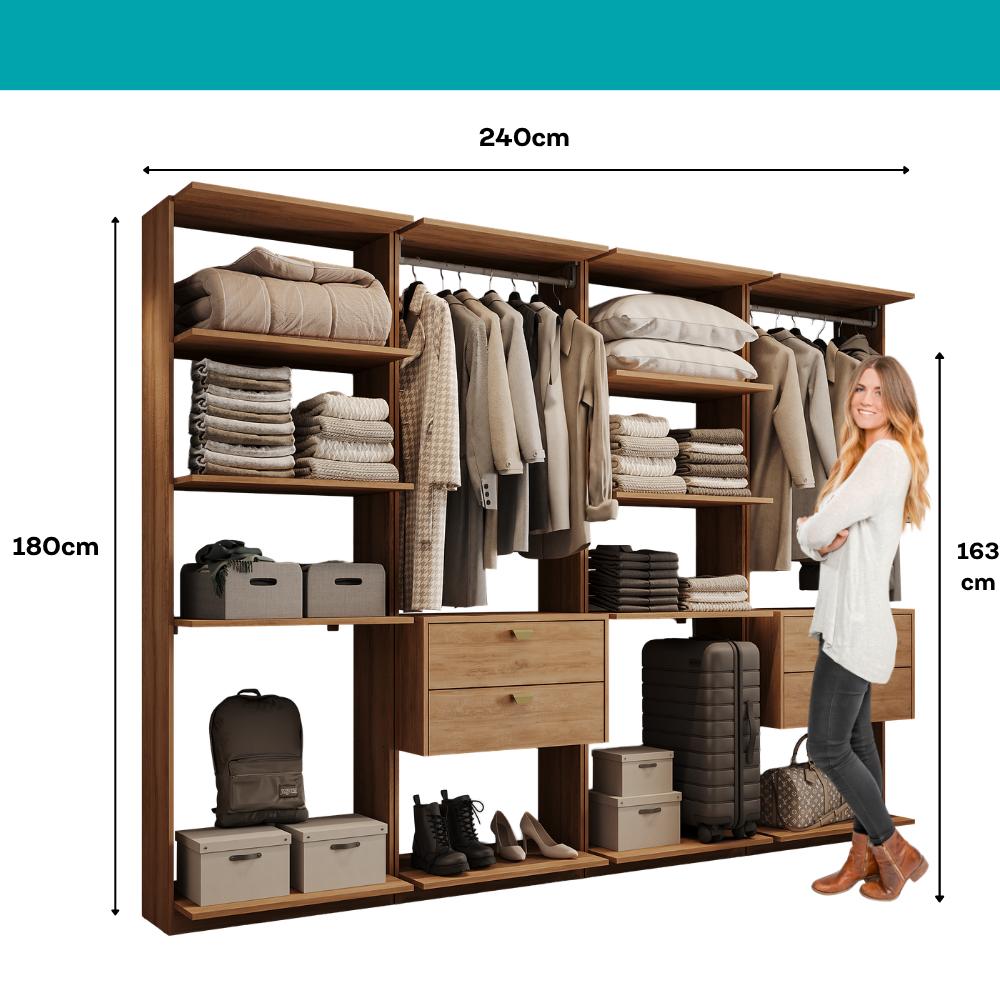 Guarda-Roupas Closet Modulado Alasca Duo 240cm 4 Peças com 4 Gavetas e Cabideiros Freijó Carraro
