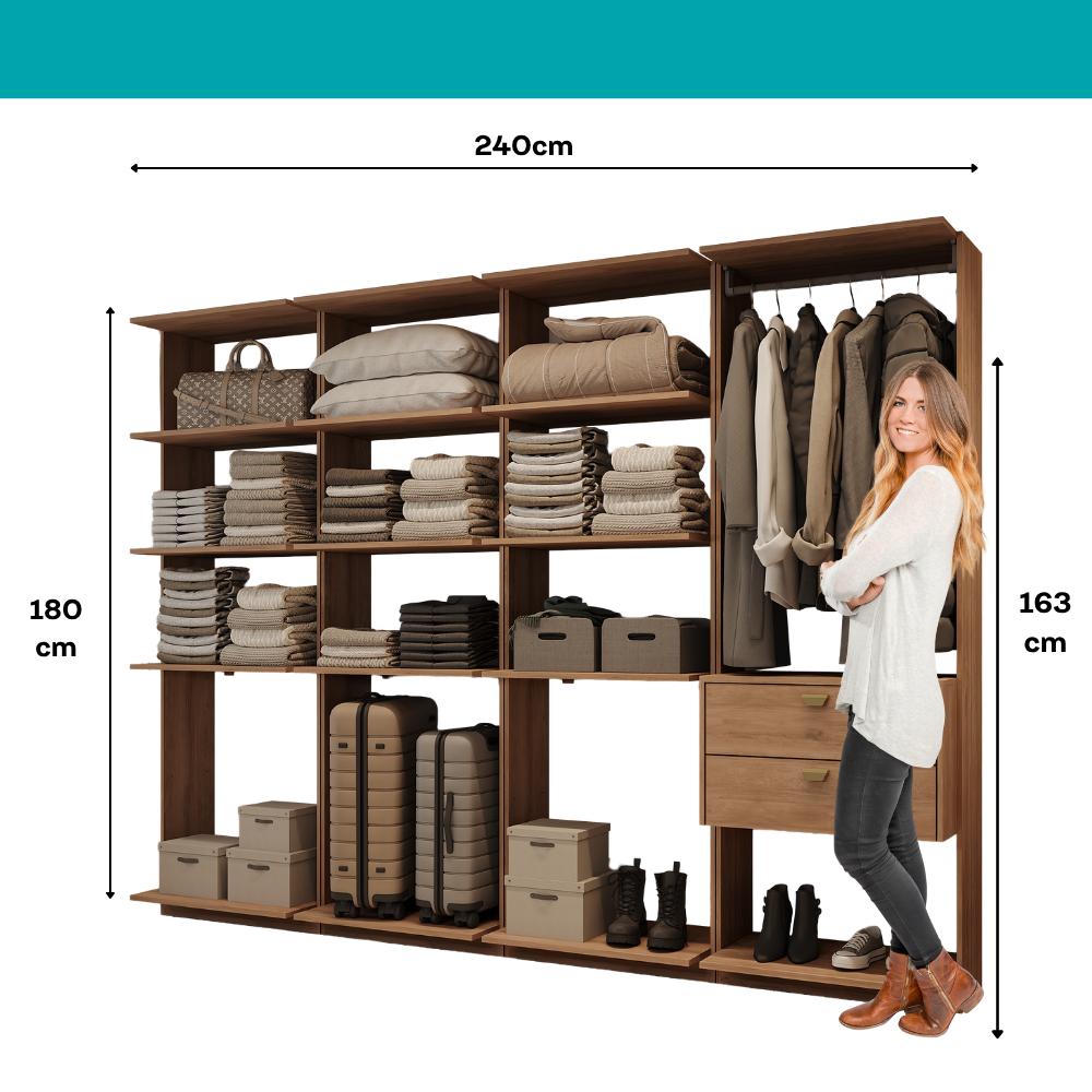 Guarda-Roupas Closet Modulado Alasca One 240cm 4 Peças com 2 Gavetas e Cabideiros Freijó Carraro