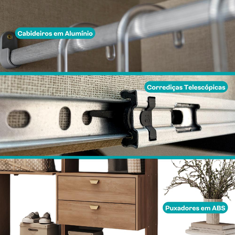 Guarda-Roupas Closet Modulado Alasca Duo 180cm 3 Peças com 2 Gavetas e Cabideiros Freijó Carraro