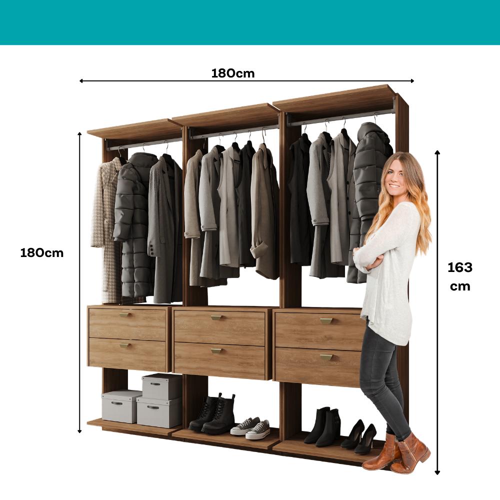 Guarda-Roupas Closet Modulado Alasca 180cm 3 Peças com 6 Gavetas e Cabideiros Freijó Carraro