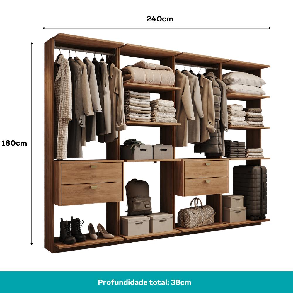 Guarda-Roupas Closet Modulado Alasca 240cm 4 Peças com 4 Gavetas e Cabideiros Freijó Carraro