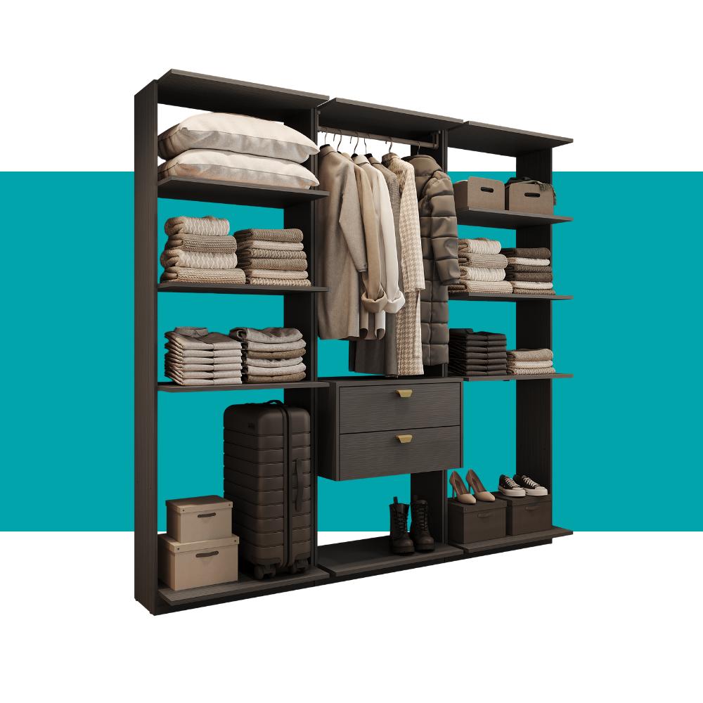 Guarda-Roupas Closet Modulado Alasca One 180cm 3 Peças com 2 Gavetas e Cabideiros Preto Touch Carraro