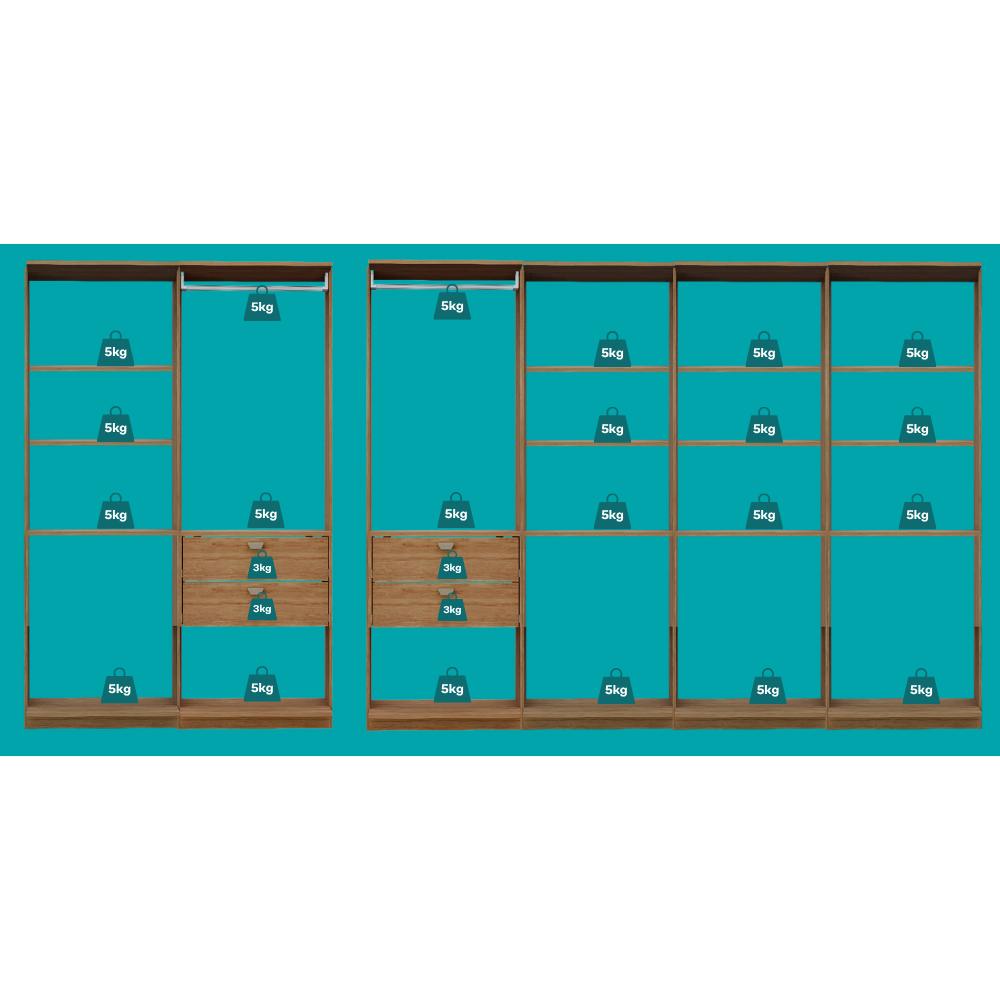 Guarda-Roupas Closet Modulado Alasca One 360cm 6 Peças com 4 Gavetas e Cabideiros Freijó Carraro