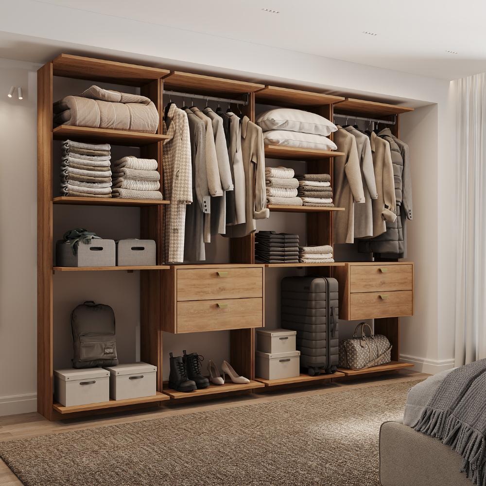 Guarda-Roupas Closet Modulado Alasca Duo 240cm 4 Peças com 4 Gavetas e Cabideiros Freijó Carraro