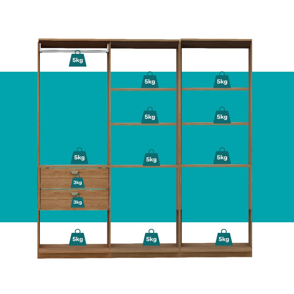 Guarda-Roupas Closet Modulado Alasca 180cm 3 Peças com 2 Gavetas e Cabideiros Freijó Carraro