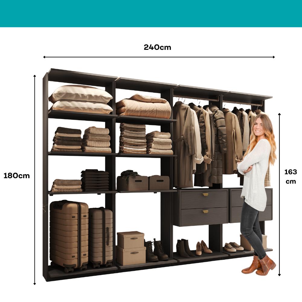 Guarda-Roupas Closet Modulado Alasca One 240cm 4 Peças com 4 Gavetas e Cabideiros Preto Touch Carraro