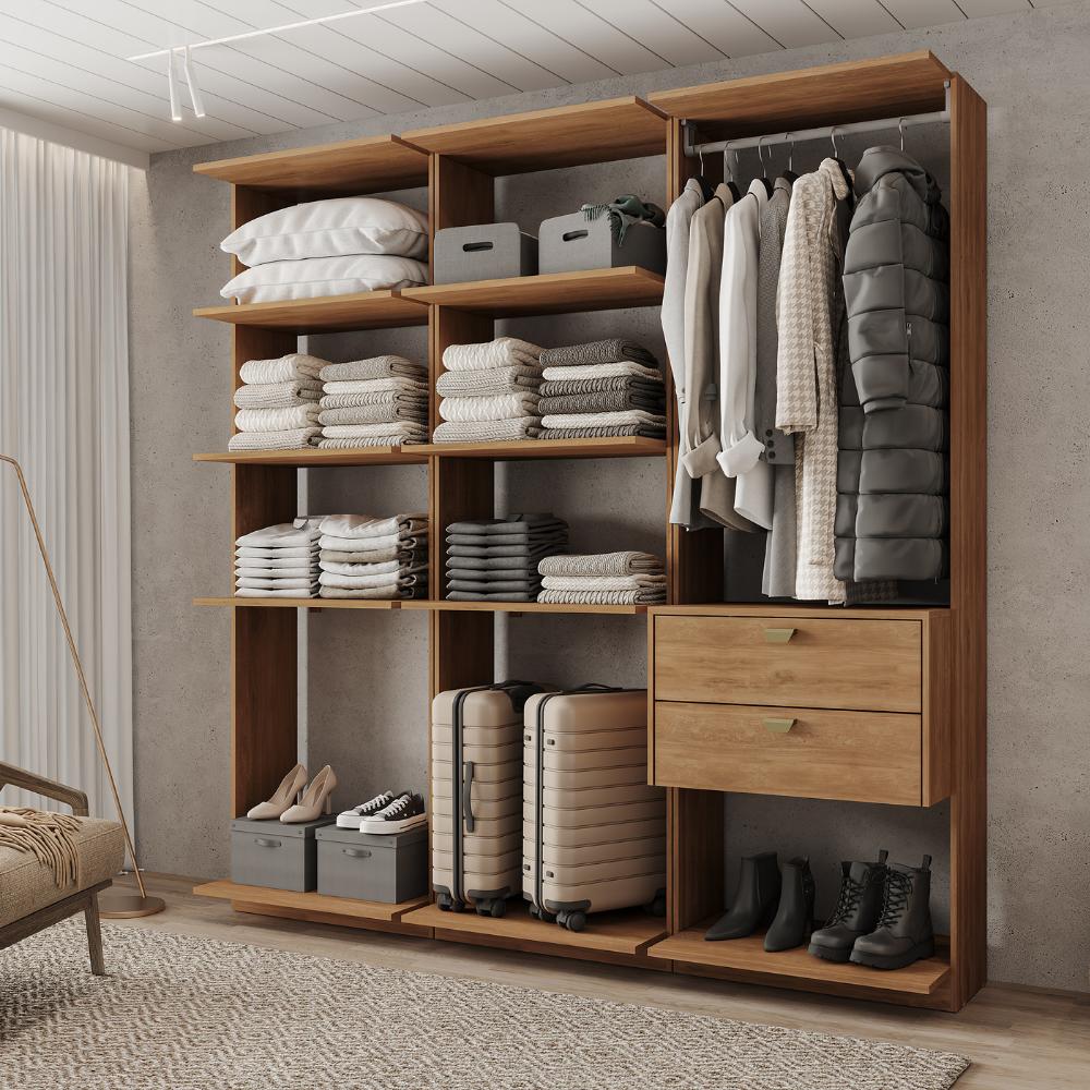 Guarda-Roupas Closet Modulado Alasca Duo 180cm 3 Peças com 2 Gavetas e Cabideiros Freijó Carraro