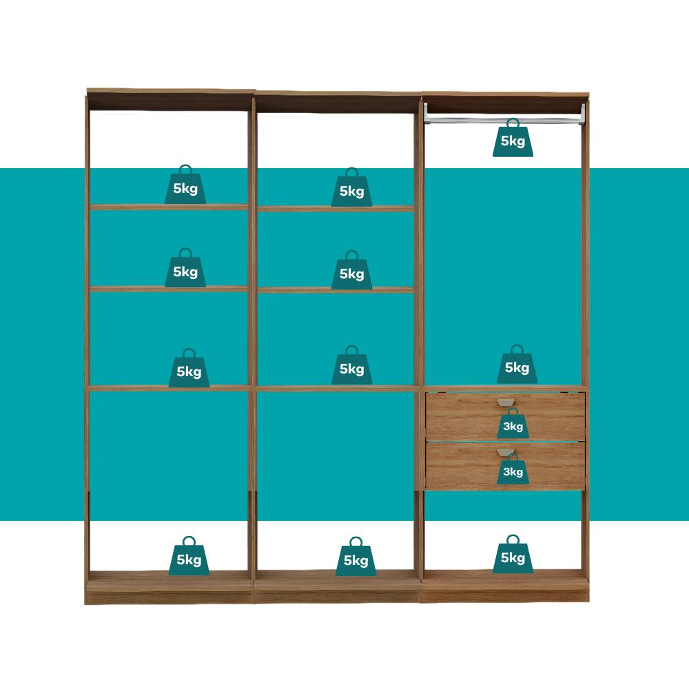 Guarda-Roupas Closet Modulado Alasca Duo 180cm 3 Peças com 2 Gavetas e Cabideiros Freijó Carraro