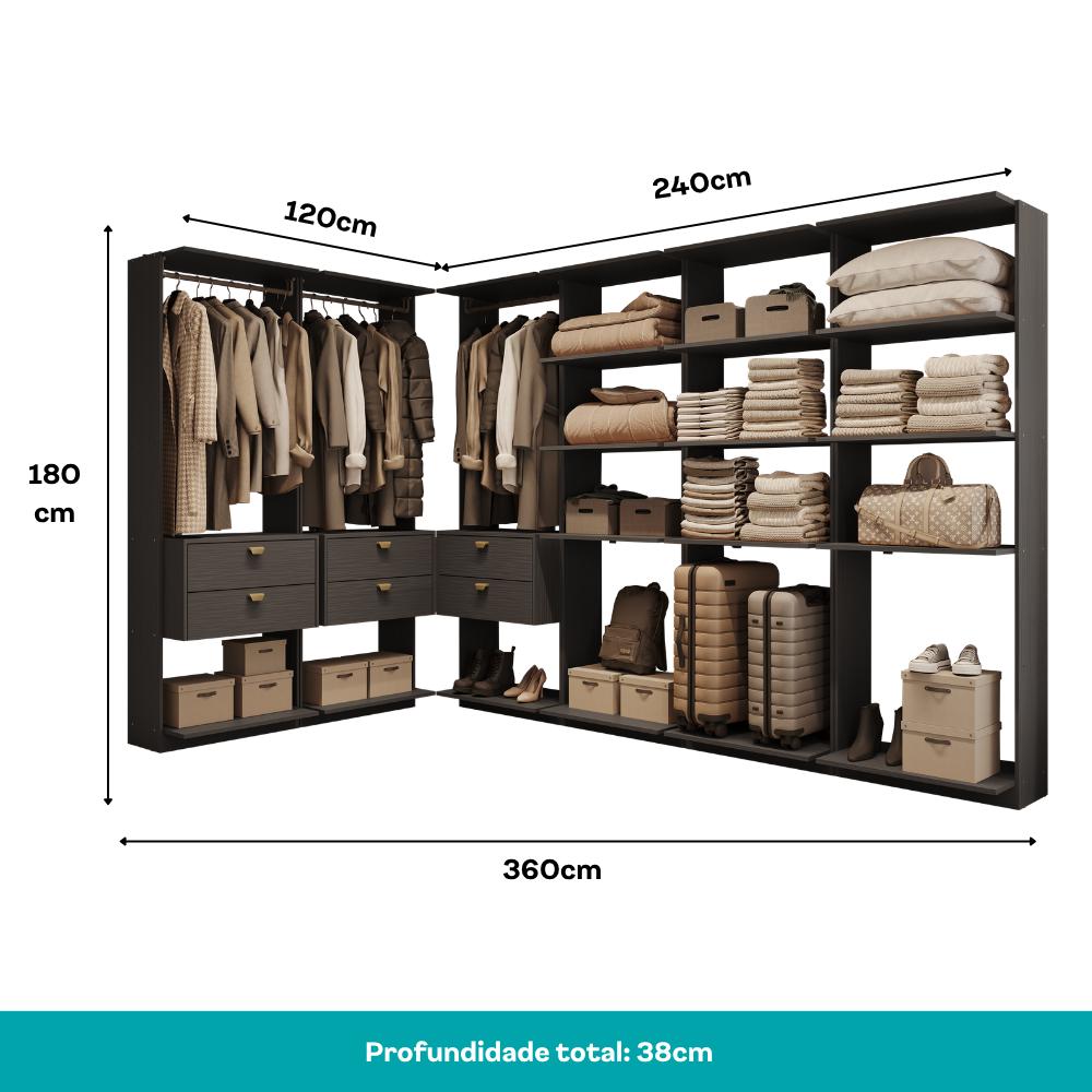 Guarda-Roupas Closet Modulado Alasca 360cm 6 Peças com 6 Gavetas e Cabideiros Preto Touch Carraro