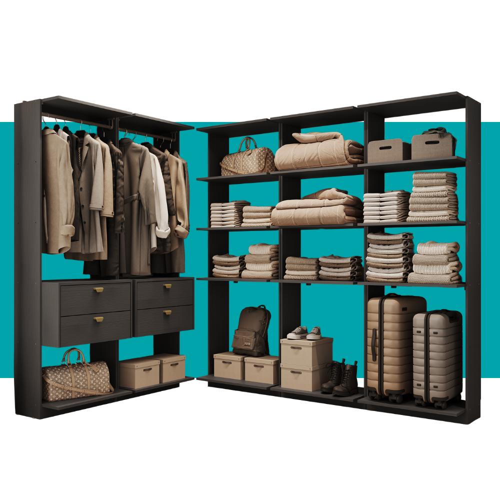 Guarda-Roupas Closet Modulado Alasca 300cm 5 Peças com 4 Gavetas e Cabideiros Preto Touch Carraro