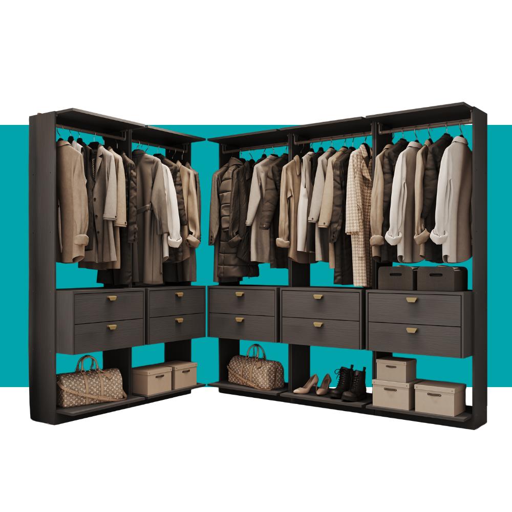 Guarda-Roupas Closet Modulado Alasca 300cm 5 Peças com 10 Gavetas e Cabideiros Preto Touch Carraro