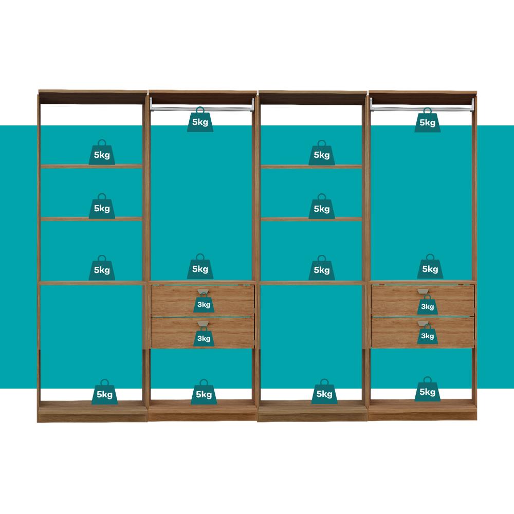 Guarda-Roupas Closet Modulado Alasca Duo 240cm 4 Peças com 4 Gavetas e Cabideiros Freijó Carraro