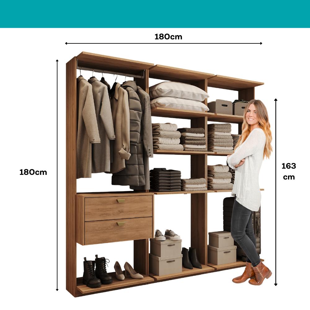 Guarda-Roupas Closet Modulado Alasca 180cm 3 Peças com 2 Gavetas e Cabideiros Freijó Carraro