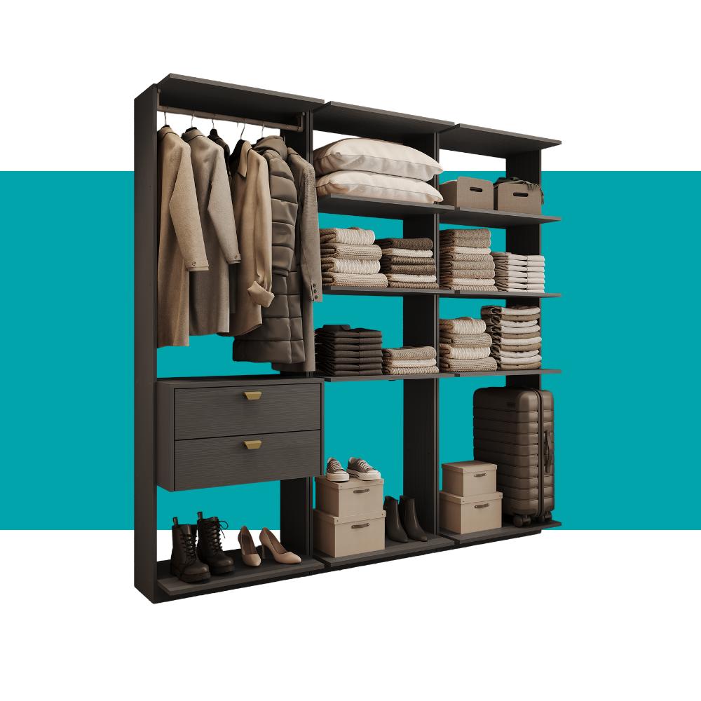 Guarda-Roupas Closet Modulado Alasca 180cm 3 Peças com 2 Gavetas e Cabideiros Preto Touch Carraro