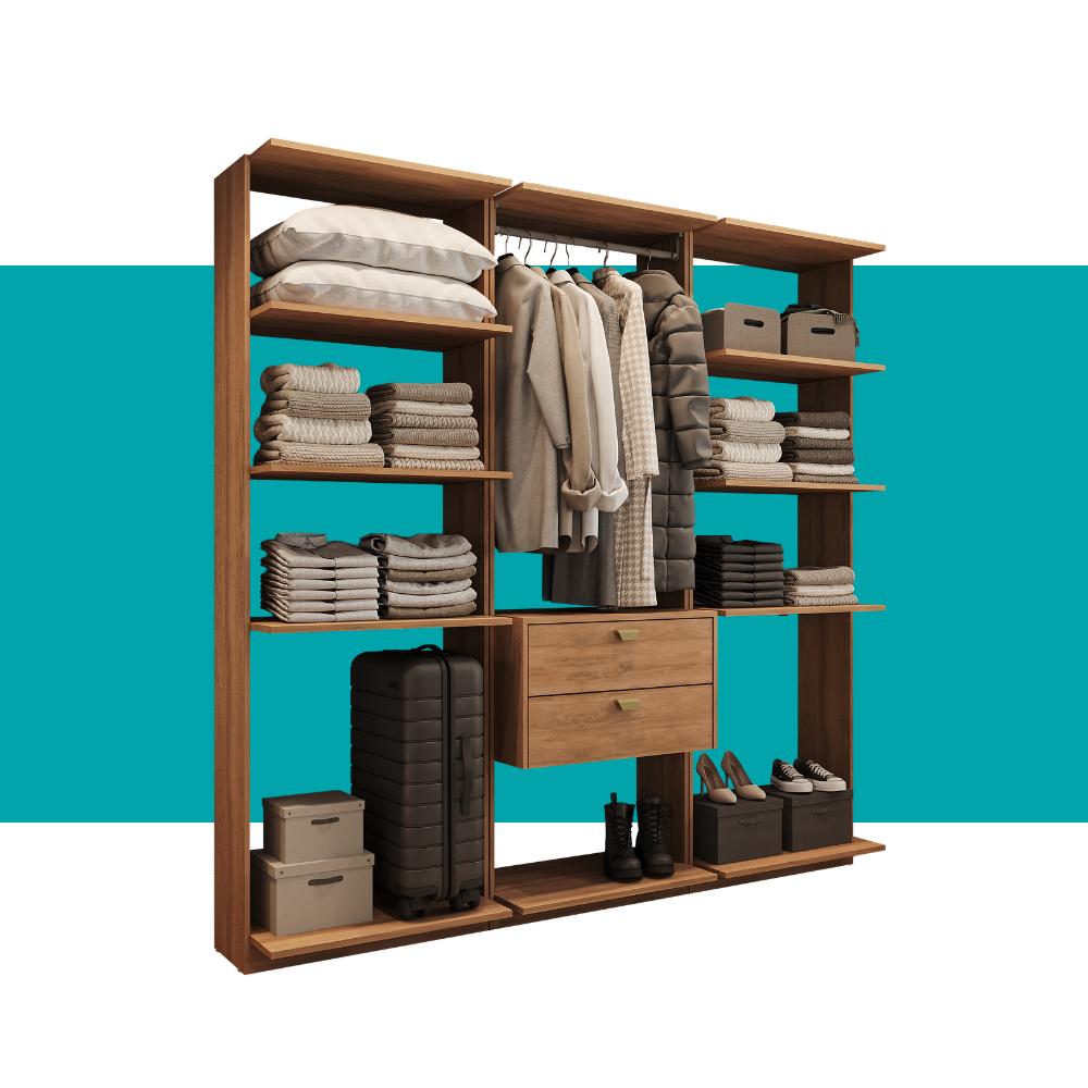 Guarda-Roupas Closet Modulado Alasca One 180cm 3 Peças com 2 Gavetas e Cabideiros Freijó Carraro
