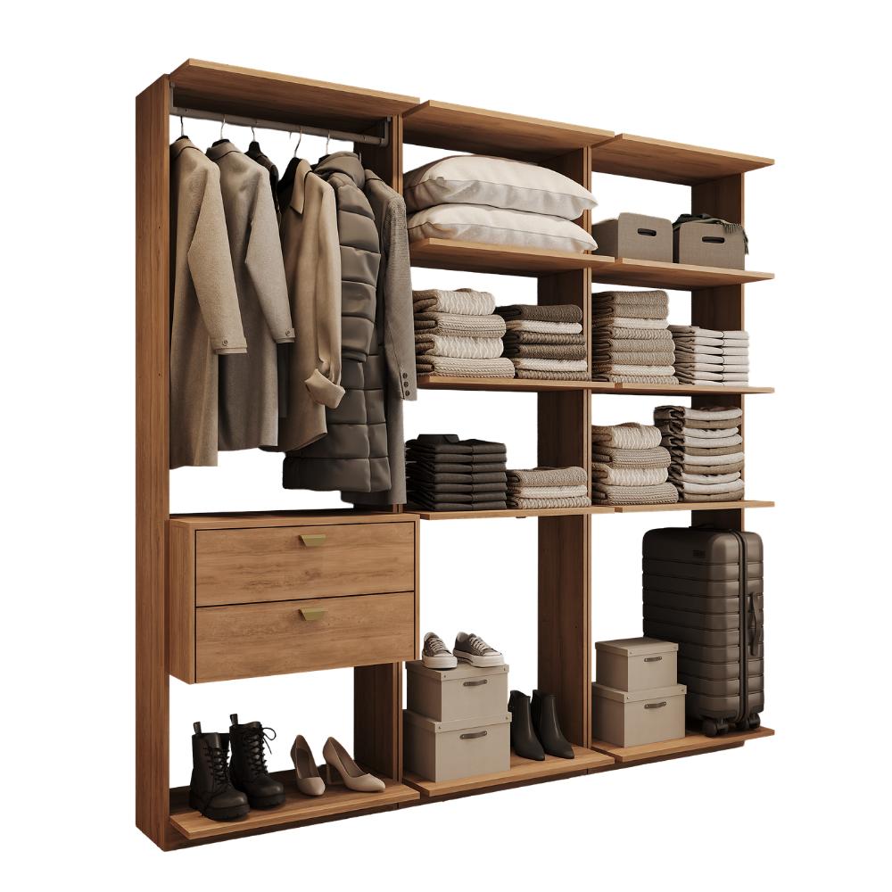 Guarda-Roupas Closet Modulado Alasca 180cm 3 Peças com 2 Gavetas e Cabideiros Freijó Carraro