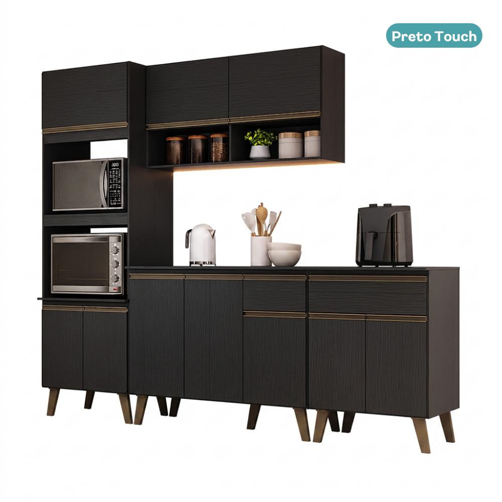 Armário de Cozinha Completa Atlanta Chrome Carraro Preto Touch