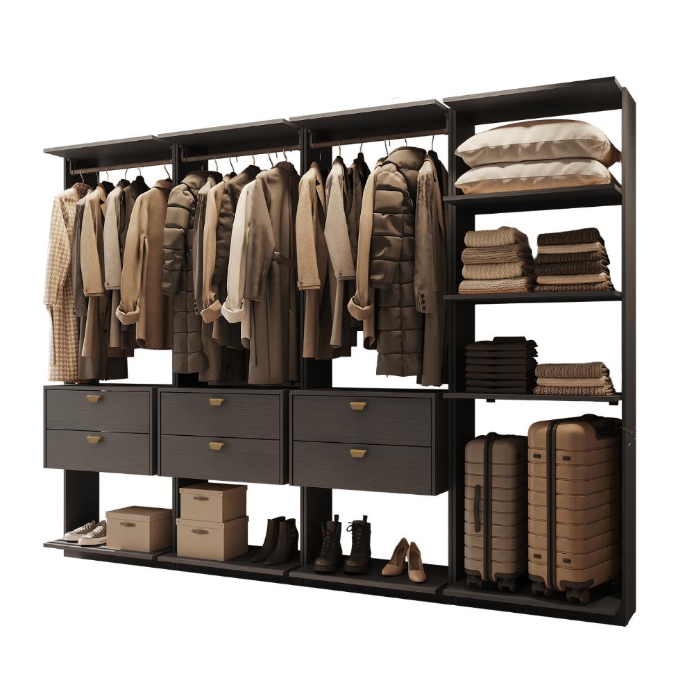 Guarda-Roupas Closet Modulado Alasca 240cm 4 Peças com 6 Gavetas e Cabideiros Preto Touch Carraro