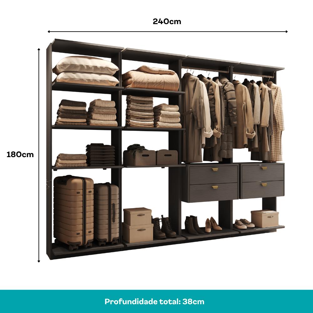 Guarda-Roupas Closet Modulado Alasca One 240cm 4 Peças com 4 Gavetas e Cabideiros Preto Touch Carraro
