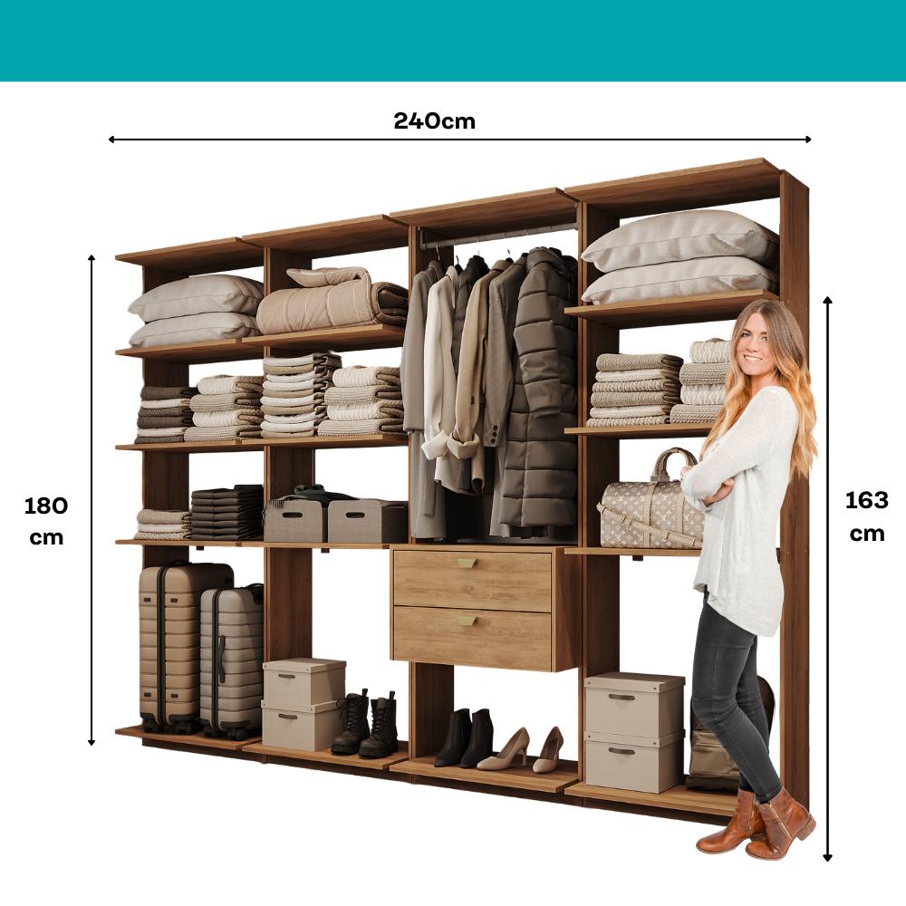 Guarda-Roupas Closet Modulado Alasca 240cm 4 Peças com 2 Gavetas e Cabideiros Freijó Carraro
