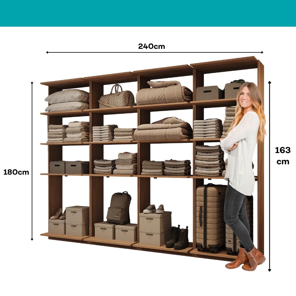 Guarda-Roupas Closet Modulado Alasca 240cm 4 Peças com 12 Prateleiras Freijó Carraro