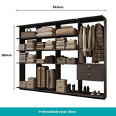 Guarda-Roupas Closet Modulado Alasca One 240cm 4 Peças com 2 Gavetas e Cabideiros Preto Touch Carraro