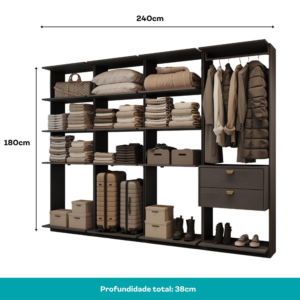 Guarda-Roupas Closet Modulado Alasca One 240cm 4 Peças com 2 Gavetas e Cabideiros Preto Touch Carraro
