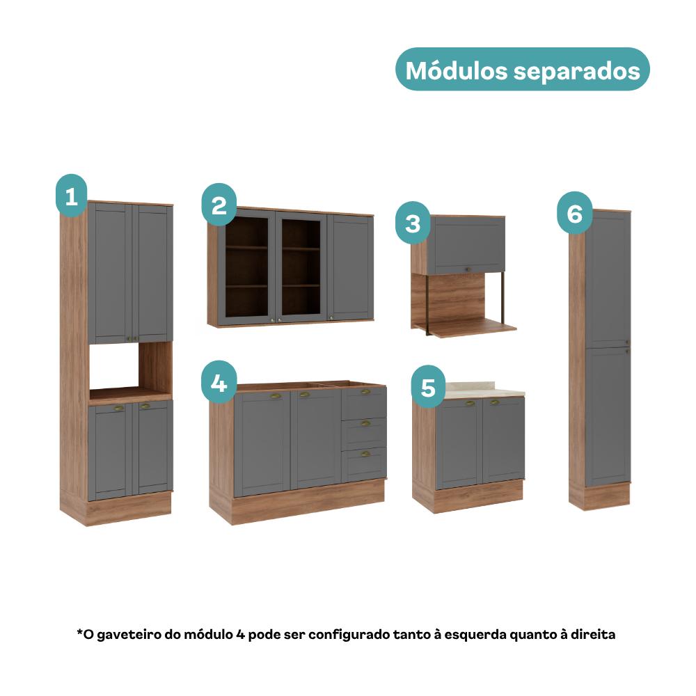 Armário de Cozinha Completa com Balcão Milla Cadenza Carraro Nogal com Cinza Titânio
