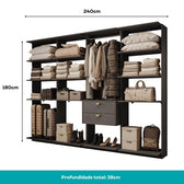 Guarda-Roupas Closet Modulado Alasca 240cm 4 Peças com 2 Gavetas e Cabideiros Preto Touch Carraro
