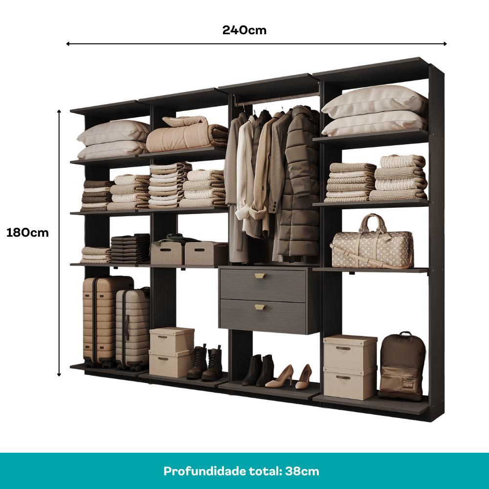 Guarda-Roupas Closet Modulado Alasca 240cm 4 Peças com 2 Gavetas e Cabideiros Preto Touch Carraro