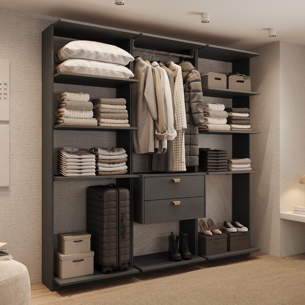 Guarda-Roupas Closet Modulado Alasca One 180cm 3 Peças com 2 Gavetas e Cabideiros Preto Touch Carraro