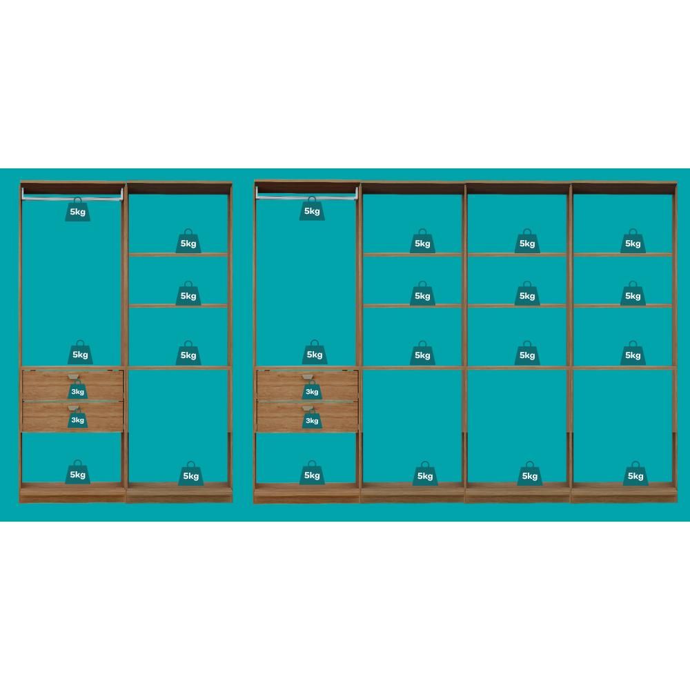 Guarda-Roupas Closet Modulado Alasca 360cm 6 Peças com 4 Gavetas e Cabideiros Freijó Carraro