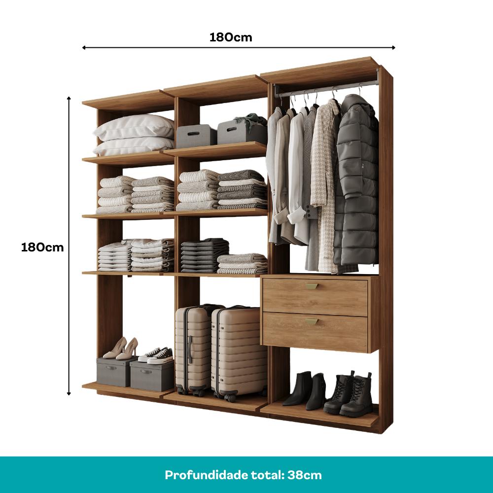 Guarda-Roupas Closet Modulado Alasca Duo 180cm 3 Peças com 2 Gavetas e Cabideiros Freijó Carraro