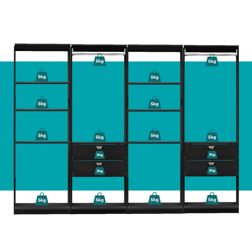 Guarda-Roupas Closet Modulado Alasca Duo 240cm 4 Peças com 4 Gavetas e Cabideiros Preto Touch Carraro