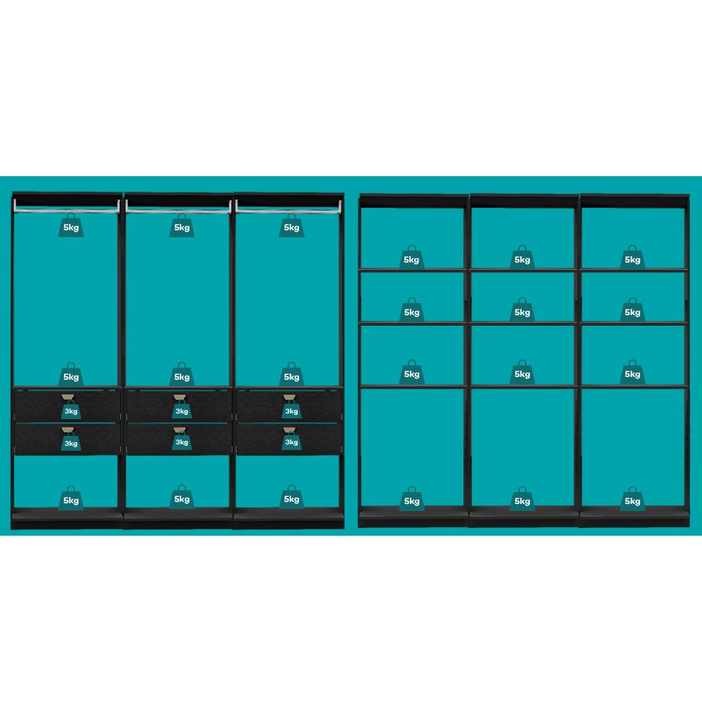 Guarda-Roupas Closet Modulado Alasca 360cm 6 Peças com 6 Gavetas e Cabideiros Preto Touch Carraro