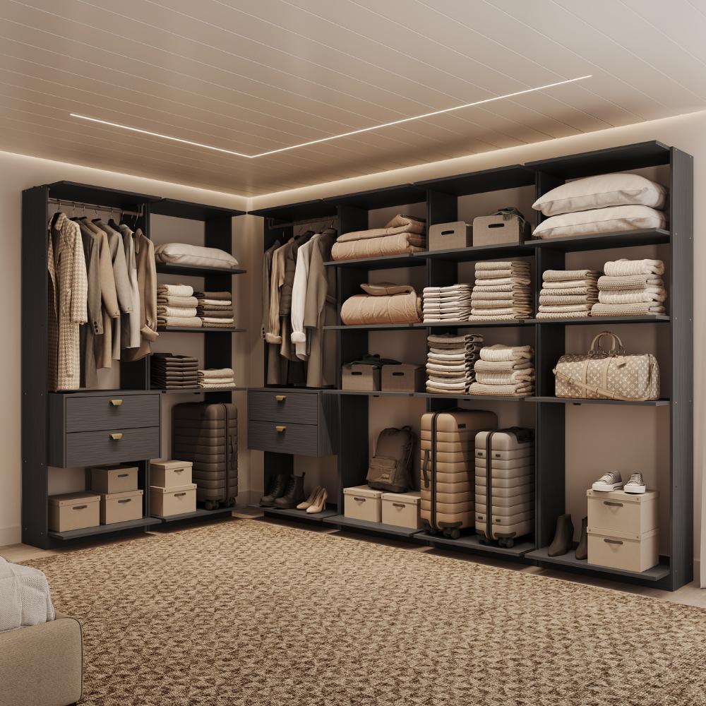 Guarda-Roupas Closet Modulado Alasca 360cm 6 Peças com 4 Gavetas e Cabideiros Preto Touch Carraro