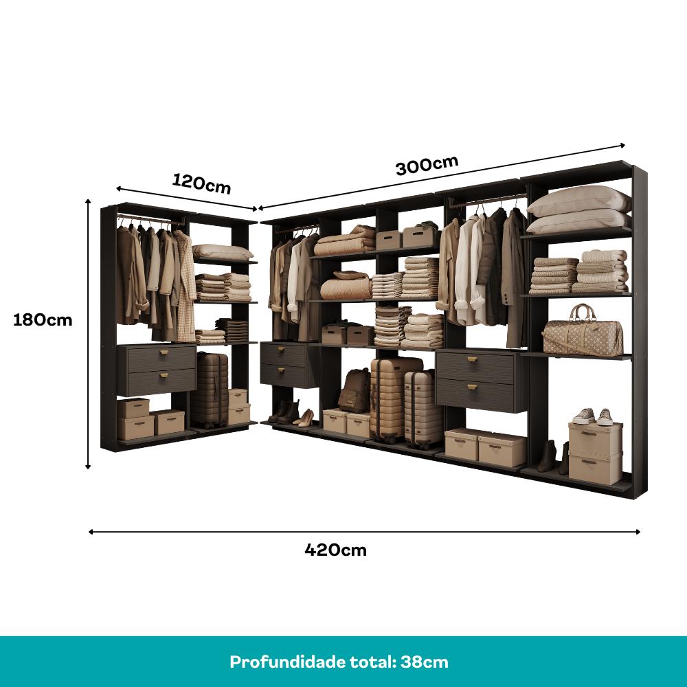 Guarda-Roupas Closet Modulado Alasca 420cm 7 Peças com 6 Gavetas e Cabideiros Preto Touch Carraro