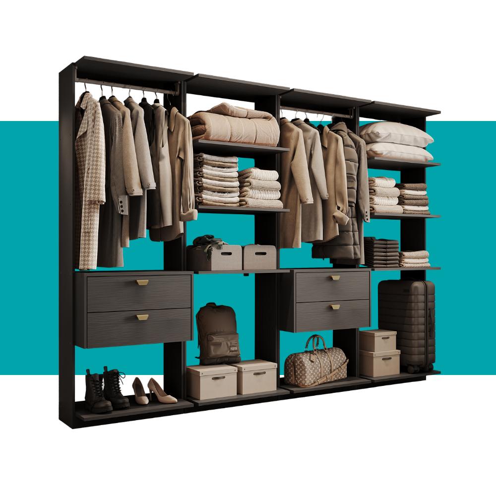 Guarda-Roupas Closet Modulado Alasca 240cm 4 Peças com 4 Gavetas e Cabideiros Preto Touch Carraro