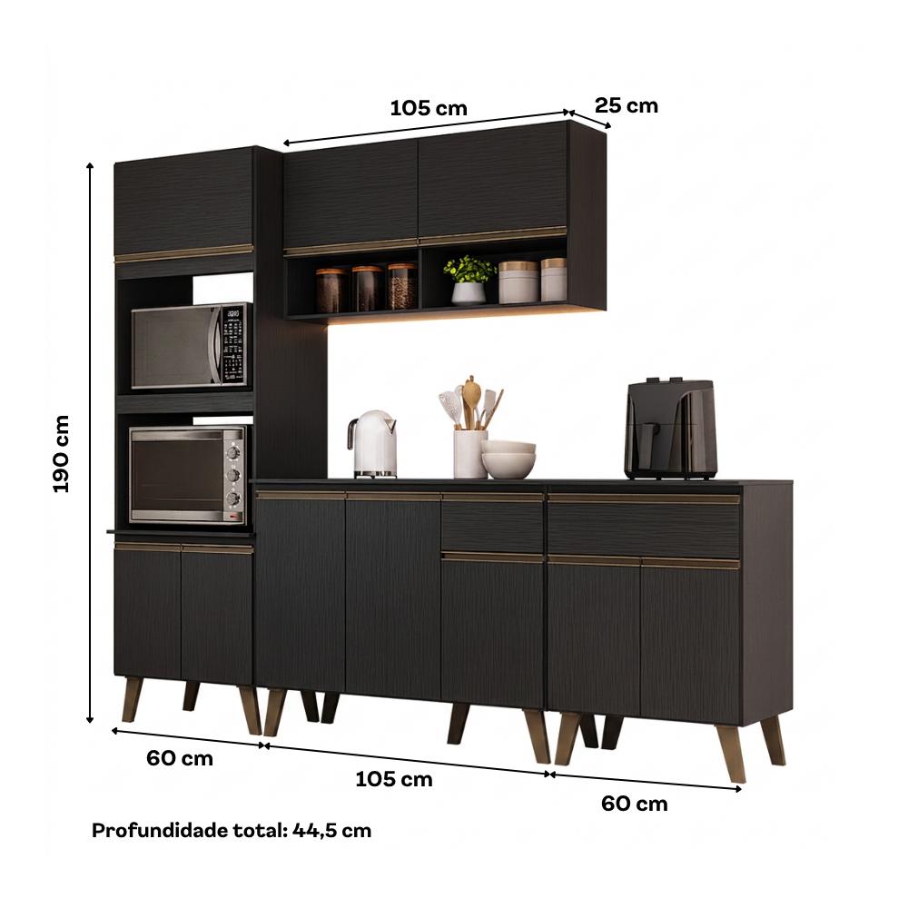 Armário de Cozinha Completa Atlanta Chrome Carraro Preto Touch