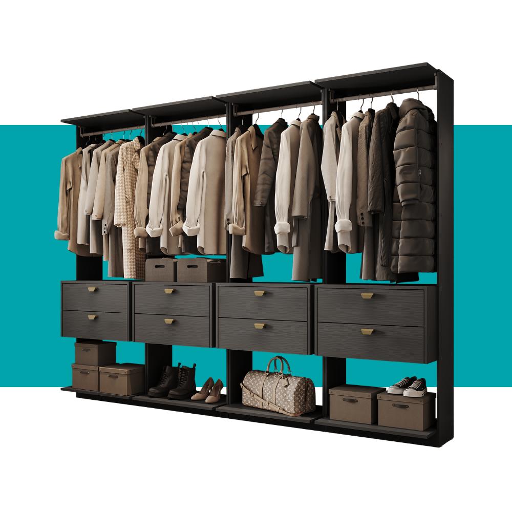 Guarda-Roupas Closet Modulado Alasca 240cm 4 Peças com 8 Gavetas e Cabideiros Preto Touch Carraro