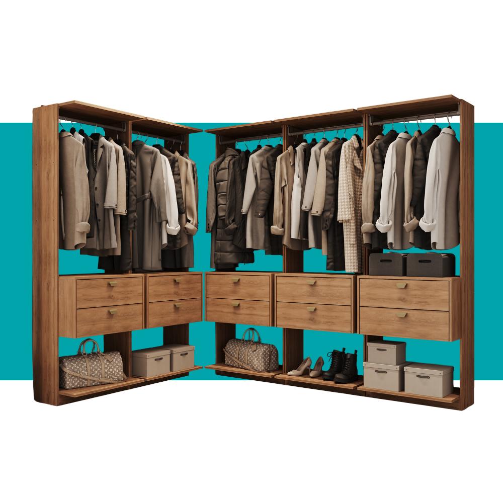 Guarda-Roupas Closet Modulado Alasca 300cm 5 Peças com 10 Gavetas e Cabideiros Freijó Carraro