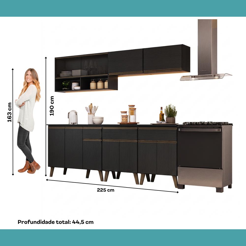 Armário de Cozinha Completa Atlanta Nexo com Vidro Carraro Preto Touch