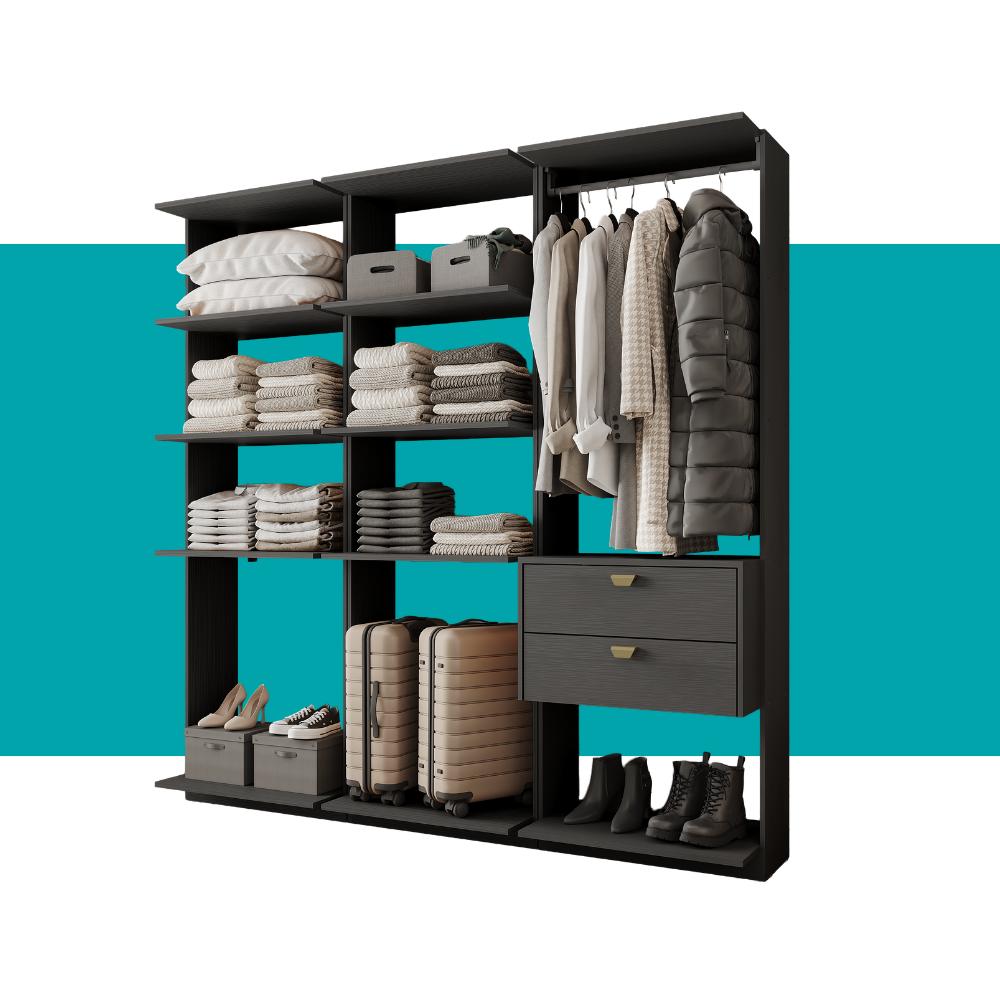 Guarda-Roupas Closet Modulado Alasca Duo 180cm 3 Peças com 2 Gavetas e Cabideiros Preto Touch Carraro