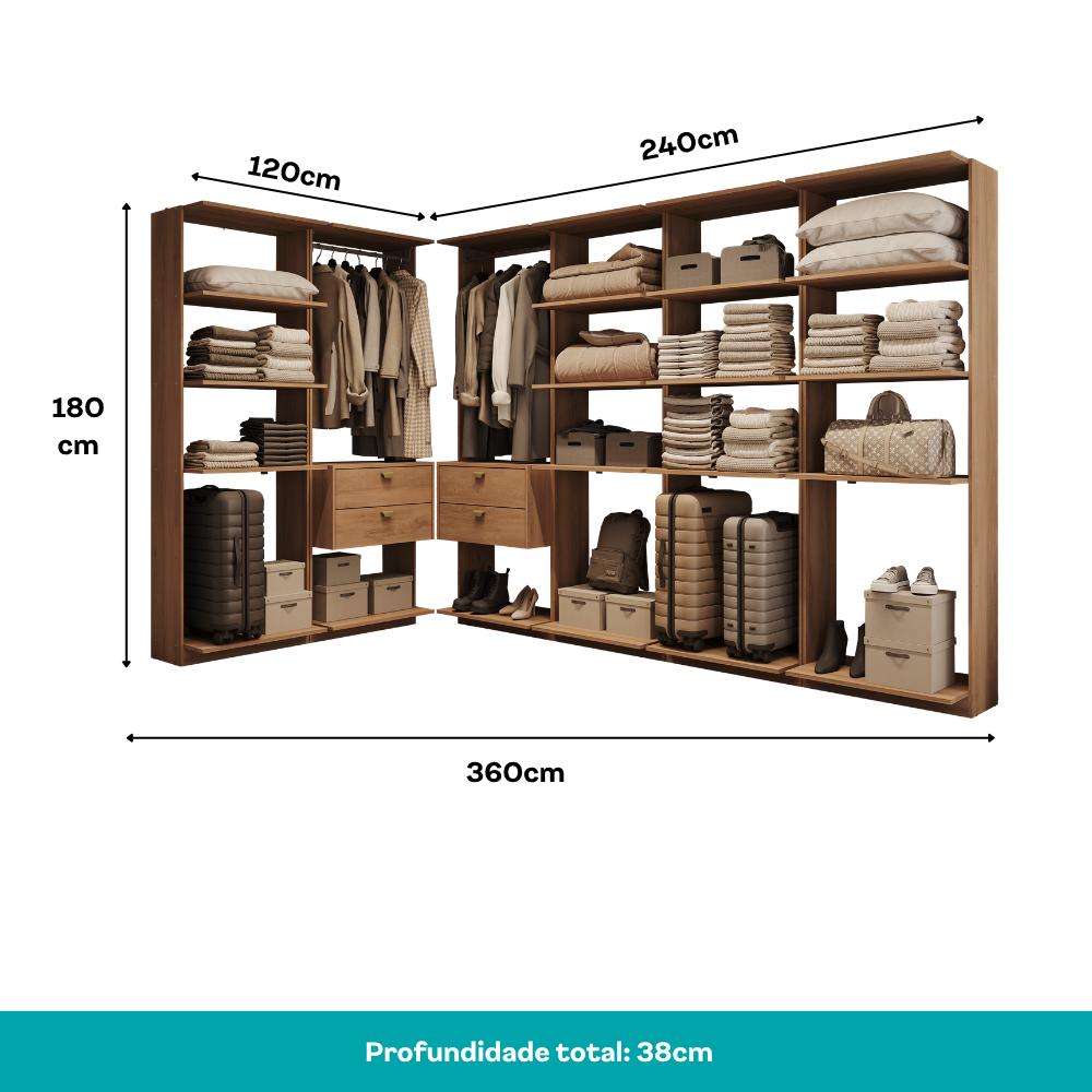 Guarda-Roupas Closet Modulado Alasca One 360cm 6 Peças com 4 Gavetas e Cabideiros Freijó Carraro