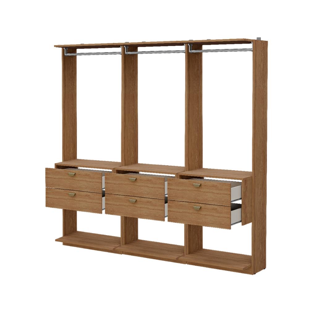 Guarda-Roupas Closet Modulado Alasca 180cm 3 Peças com 6 Gavetas e Cabideiros Freijó Carraro