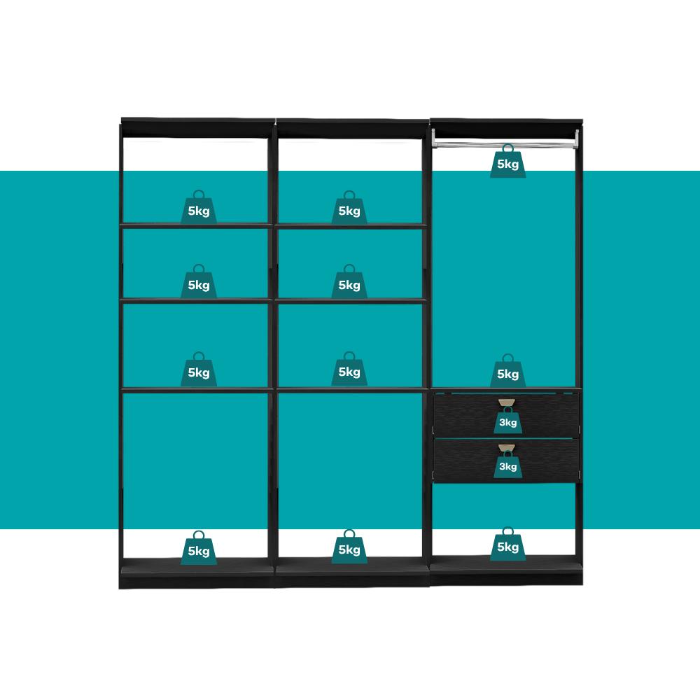 Guarda-Roupas Closet Modulado Alasca Duo 180cm 3 Peças com 2 Gavetas e Cabideiros Preto Touch Carraro