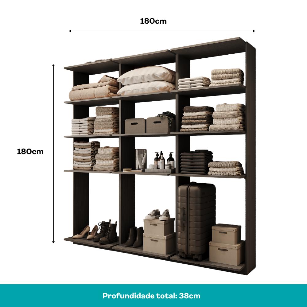 Guarda-Roupas Closet Modulado Alasca 180cm 3 Peças com 9 Prateleiras Preto Touch Carraro