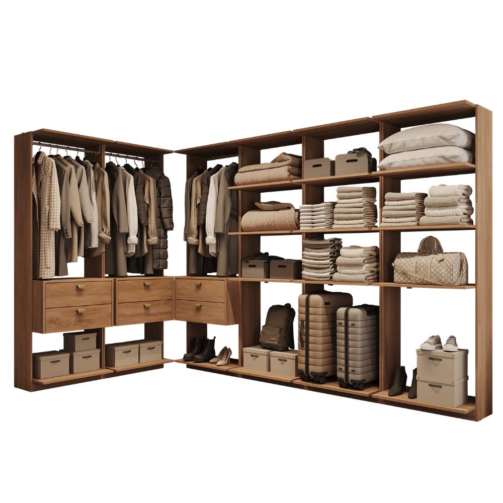 Guarda-Roupas Closet Modulado Alasca 360cm 6 Peças com 6 Gavetas e Cabideiros Freijó Carraro