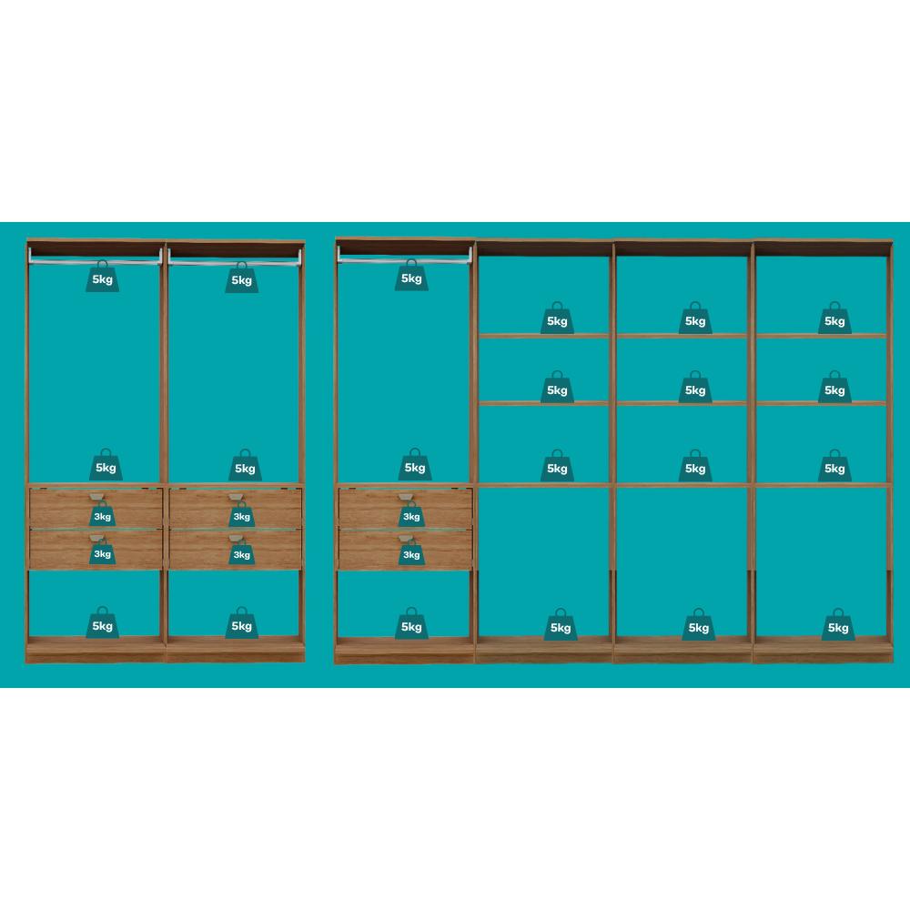 Guarda-Roupas Closet Modulado Alasca 360cm 6 Peças com 6 Gavetas e Cabideiros Freijó Carraro