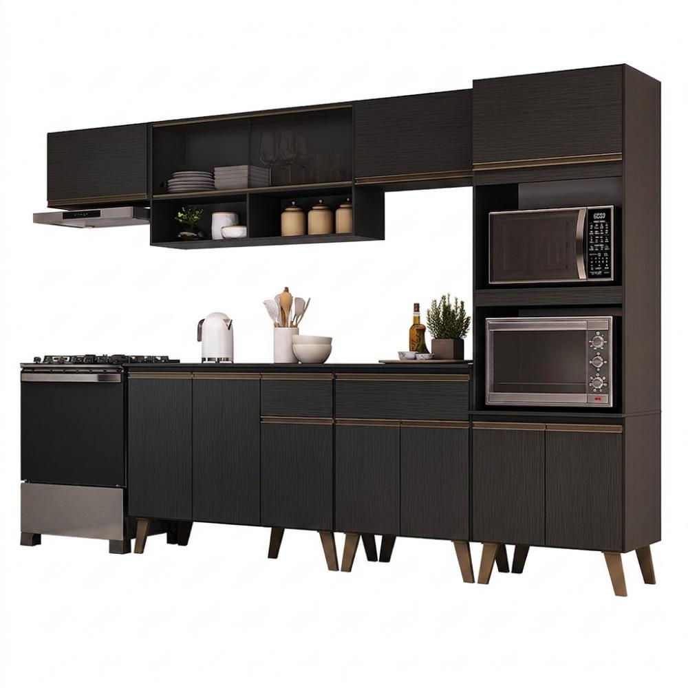 Armário de Cozinha Completa Atlanta Flux com Vidro Carraro Preto Touch